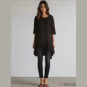 Pebble and Stone Black Ruffled Sheer Hem 3/4 Sleeve Blouse